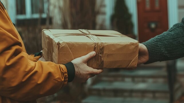 Person handing a parcel to another person. the parcel is wrapped in brown paper and tied with a string. the person on the left is wearing a yellow jacket and is holding the parcel in their left hand.