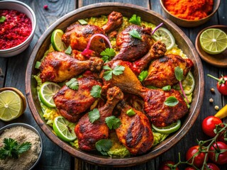 Elegant tandoori chicken plating; an aerial view captures the exquisite Indian food.