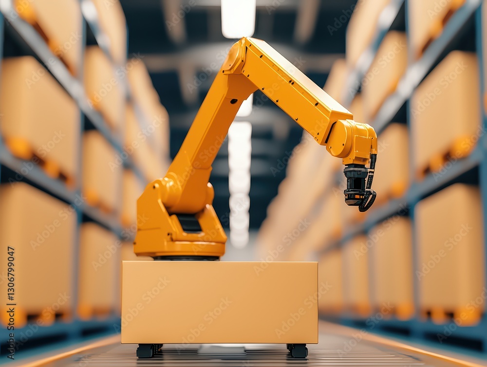 Poster automated ai logistics network with robotic arm in modern warehouse setting