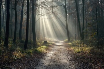 Obraz premium Enchanting Autumn Forest with Sunlight Rays and Tranquil Pathway