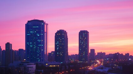 Obraz premium Urban skyline at sunset with vibrant pink and purple hues illuminating tall buildings
