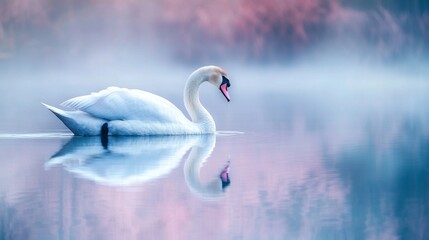 Fototapeta premium Serene swan gliding across a misty lake at dawn, reflecting soft pastel colors in the water