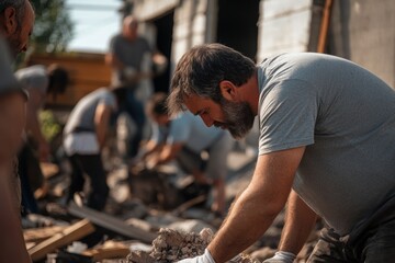 A group of volunteers repairs a destroyed house after bombings. 