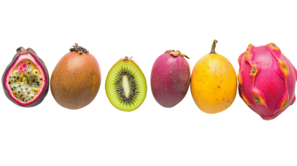 Selection of exotic fruits including dragon fruit, mango, passion fruit, and kiwi, beautifully arranged, professional lighting, high-resolution, isolated on white background