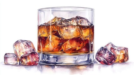 glass with amber colored whiskey and ice cubes isolated,cartoon illustration style