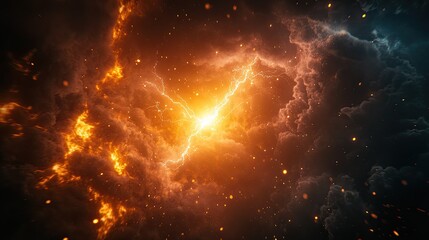 Fototapeta premium A close-up of a lightning bolt hitting the ground, creating a flash of bright light against a dark sky. The intense flash lights up the surroundings in an electrifying moment. 