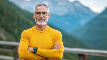 Healthy Aging Wellness, Elderly health care concept. Cheerful Elderly Man Stretching in Nature with Scenic Background