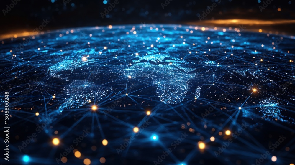 Poster global digital network connecting continents with glowing blue lines and points