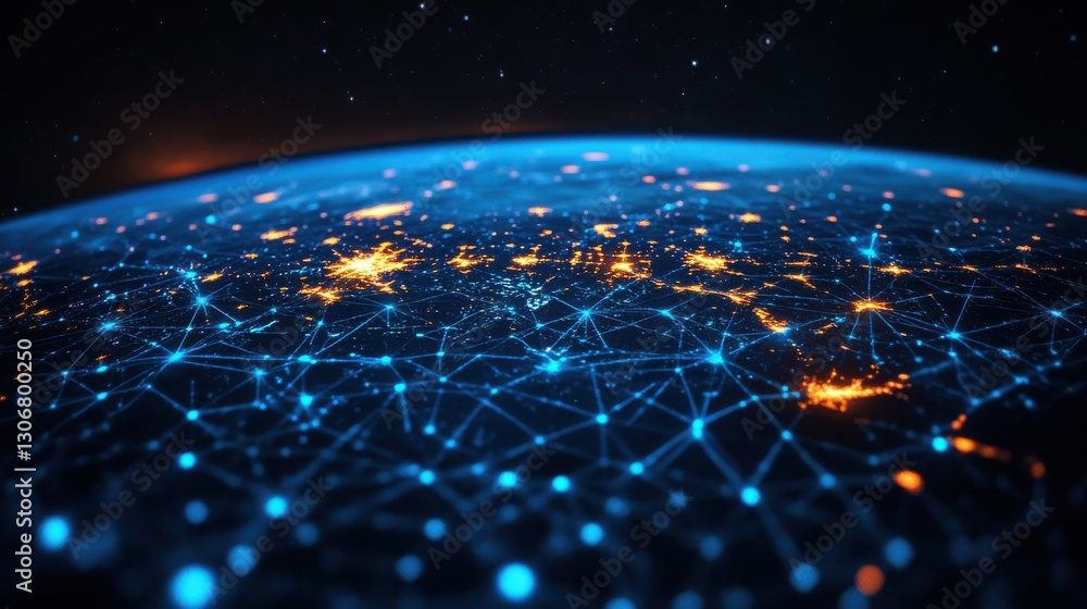 Poster global digital network connecting continents with glowing blue lines and points