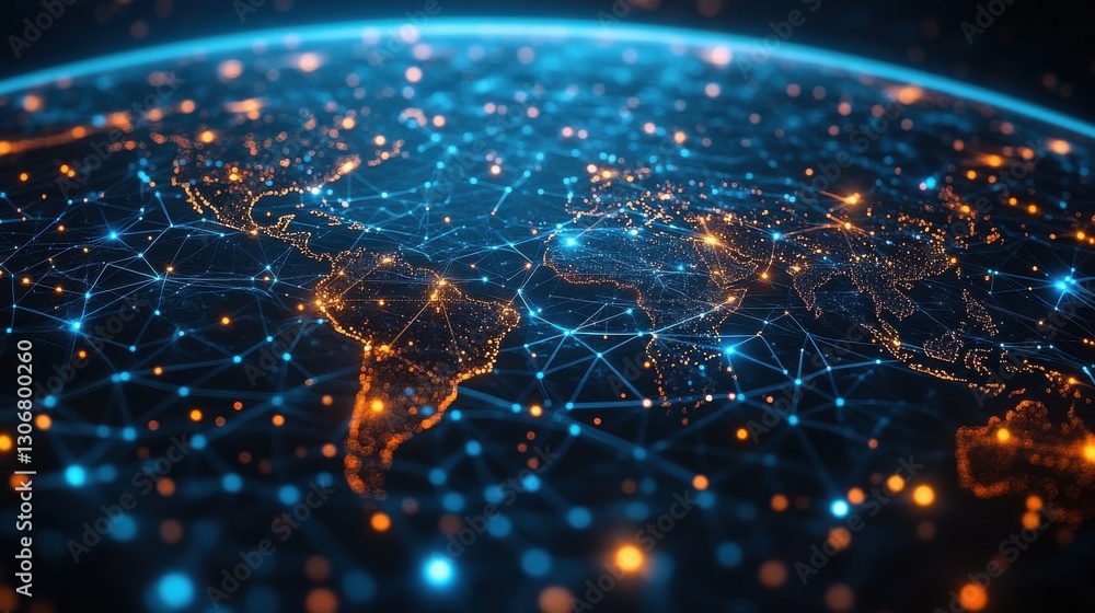 Poster global digital network connecting continents with glowing blue lines and points