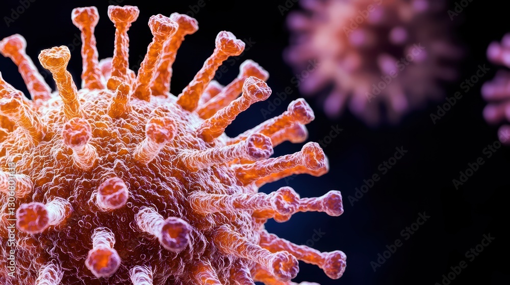 Poster close-up microscopic view of coronavirus structure with detailed features and textures