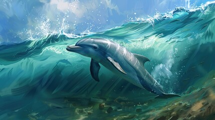 Obraz premium A beautiful dolphin swims gracefully through foamy blue ocean waters