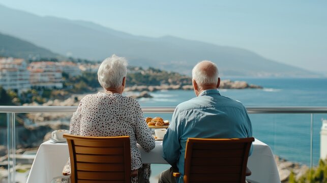 Senior Travel, Happy Retirement concept. Retired Couple Enjoying Breakfast Overlooking Scenic Ocean View