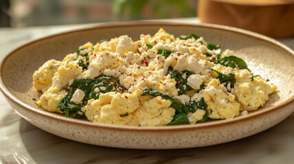 Scrambled eggs with feta and spinach on a rustic plate.