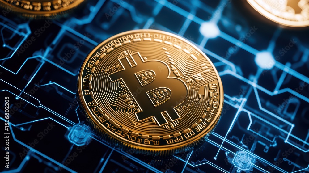 Poster detailed close-up of a bitcoin coin on a digital blockchain background