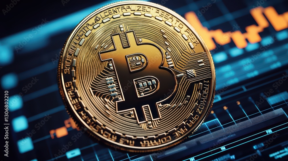 Poster golden bitcoin token on digital background with graph lines showing trends in cryptocurrency market