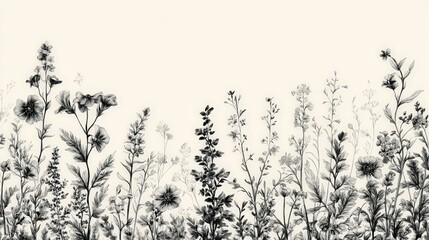 A meticulously detailed black-and-white sketch captures a harmonious field of wildflowers, each bloom rendered with intricate realism and precise symmetry