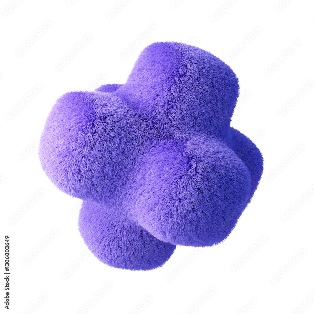Poster abstract shape made of violet fur, isolated on white background. 3d rendering.