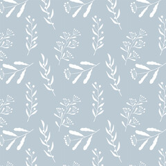 Herbal botanical pattern with doodle stylized twigs white color on blue pastel background. Textile.
