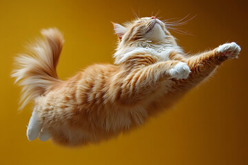 Ginger cat jumping on white background	
