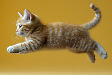 Ginger cat jumping on white background	