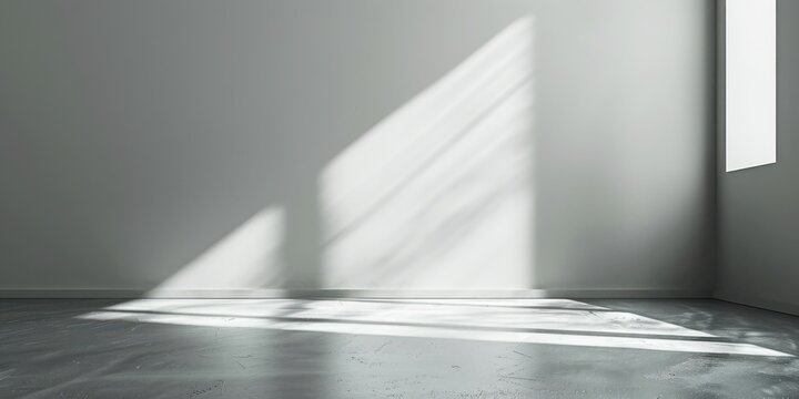Light gray wall and smooth floor with interesting light reflections. Background for the presentation sunlight from window.