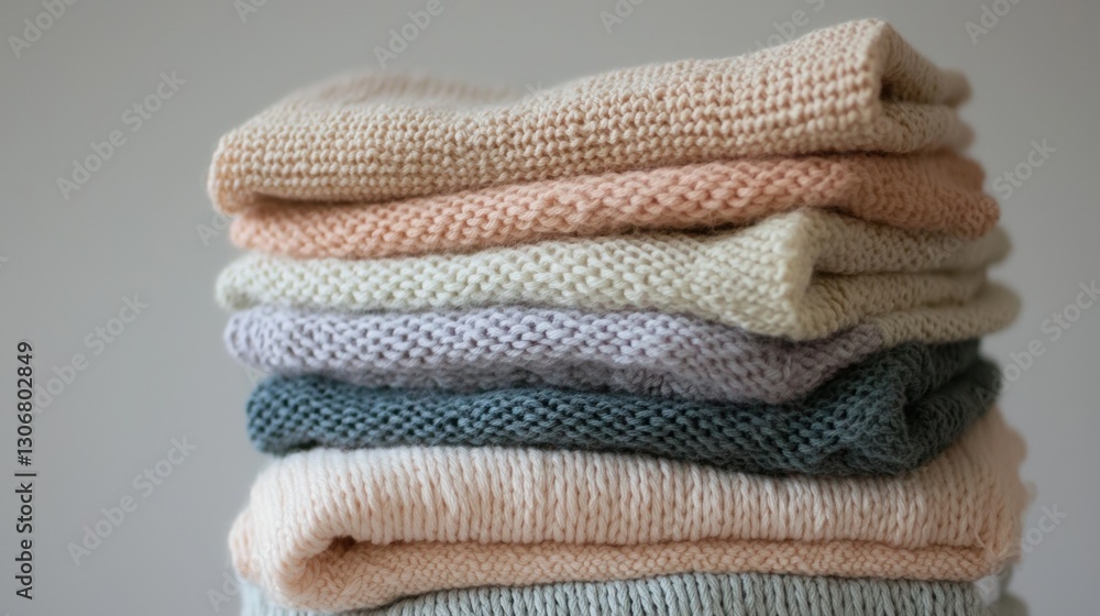 Poster stack of folded knitted blankets in various colors. the blankets are neatly folded and stacked on to