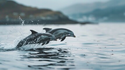 Fototapeta premium Two dolphins jump joyfully from the ocean with water splashing