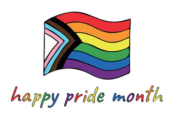 Colorful Lgbtq progress pride flag Happy pride day LGBTQ community Pride Month Vector hand drawn doodle for posters, stickers, logo, cards