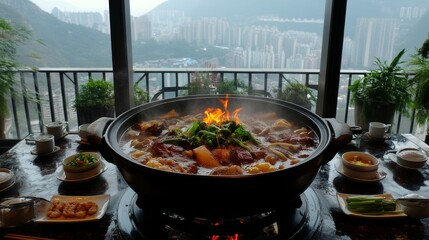 113.An atmospheric image of a Chongqing hot pot, with fiery broth and a variety of meats and vegetables in the pot, set in a cozy restaurant with panoramic windows showcasing the mountain city in the