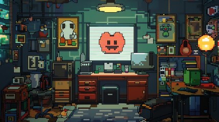 Pixel art of a messy, cluttered room with a computer and a desk.