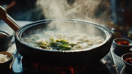 60.A close-up of a bubbling hot pot brimming with fresh ingredients, with steam creating a warm and inviting atmosphere, ready to serve alongside rice and small condiment bowls.