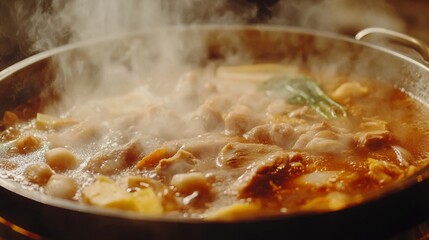77.A close-up of a bubbling hot pot filled with a variety of ingredients, including tender meat slices, fresh vegetables, and tofu, steaming as diners prepare to cook and dip their food in a range of