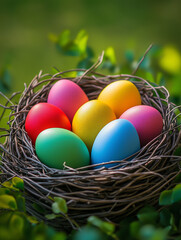 Obraz premium Happy Easter day. Bright multi-colored Easter eggs lie in a bird's nest. Spring leaves, green background. Red, pink, yellow, green and blue eggs, vibrant colors.