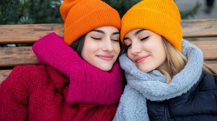 Emotional Connection, Conveys a strong bond, Young Woman Comforting Friend in Cozy Winter Scene