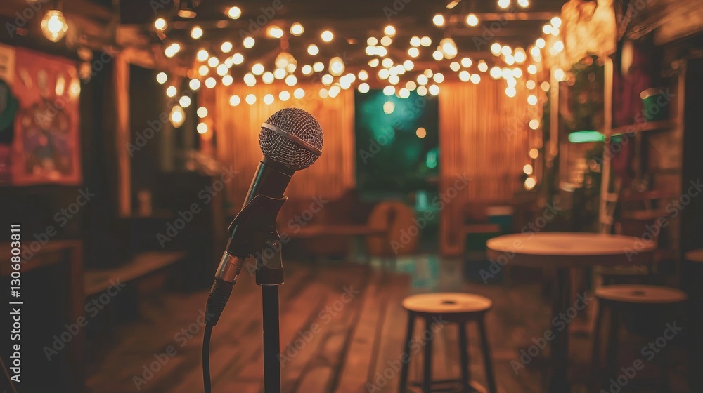 Poster microphone on a stand in a dimly lit room with string lights hanging from the ceiling.