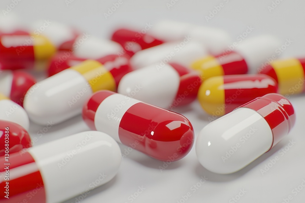 Poster scattered array of colorful capsules on a minimalist background showcasing vibrant medical supplies 