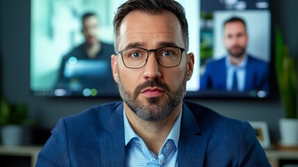 Fototapeta premium Preparedness Training Online Meetings, Security Expert Conducting Virtual Meeting with Professional Attire