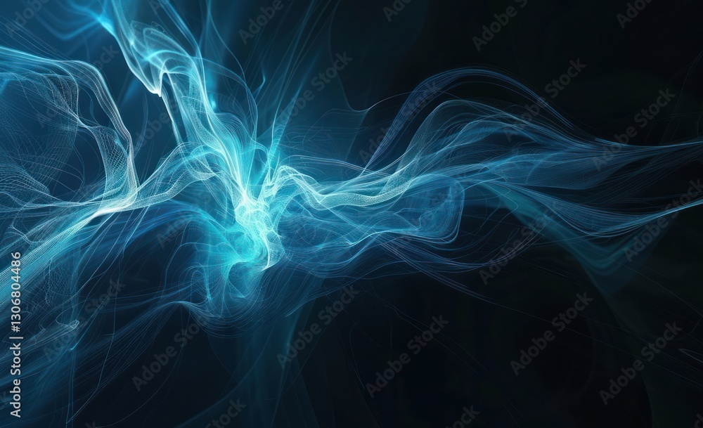 Poster abstract futuristic dark background with with many lines neon blue glow curve wave.
