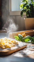 Homemade pasta with fresh basil. A rustic kitchen scene with flour-dusted pasta on a wooden board, basil leaves, and soft sunlight filtering through the window. A perfect Italian cooking moment.