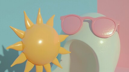 Pair of pink sunglasses resting on top of a white vase. the vase is placed against a light blue and pink background. on the left side of the image, there is a large yellow sun with spikes on its head.