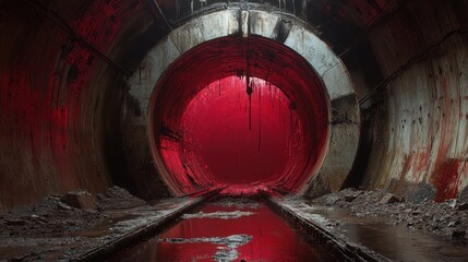 Red-lit abandoned tunnel, dark, damp, rails, mystery, urban exploration