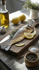 Fresh fish preparation. A whole fish on a wooden cutting board with lemon slices, rosemary, sea salt, and spices. A rustic kitchen setting, perfect for seafood cooking inspiration.