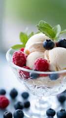 Vanilla ice cream with fresh berries. A frosted glass dessert bowl filled with creamy vanilla ice cream, topped with raspberries, blackberries, red currants, and mint. A refreshing summer treat.