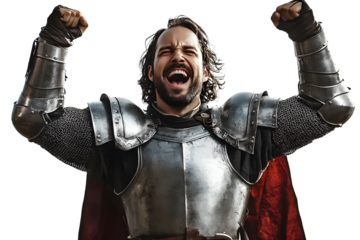 Handsome man in knight armor cheering isolated - Generative AI