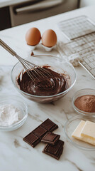 Brownie batter preparation. A glass bowl filled with rich chocolate batter, surrounded by baking ingredients like butter, cocoa, and eggs on a bright marble countertop. Perfect for dessert lovers.