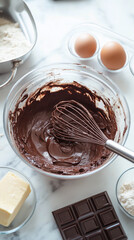 Brownie batter preparation. A glass bowl filled with rich chocolate batter, surrounded by baking ingredients like butter, cocoa, and eggs on a bright marble countertop. Perfect for dessert lovers.