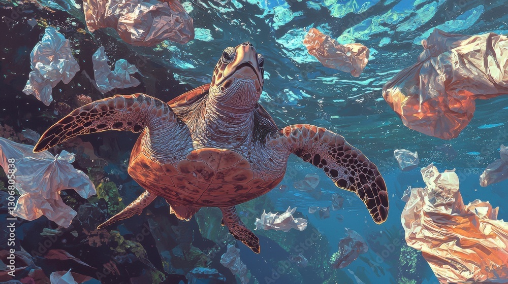 Poster illustration of a sea turtle swimming in the ocean. the turtle is facing towards the right side of t