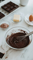 Brownie batter preparation. A glass bowl filled with rich chocolate batter, surrounded by baking ingredients like butter, cocoa, and eggs on a bright marble countertop. Perfect for dessert lovers.