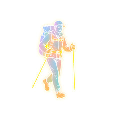 Fototapeta premium hiker walking with trekking poles holographic 3D icon. neon symbol vector illustration isolated on white background. Generative AI